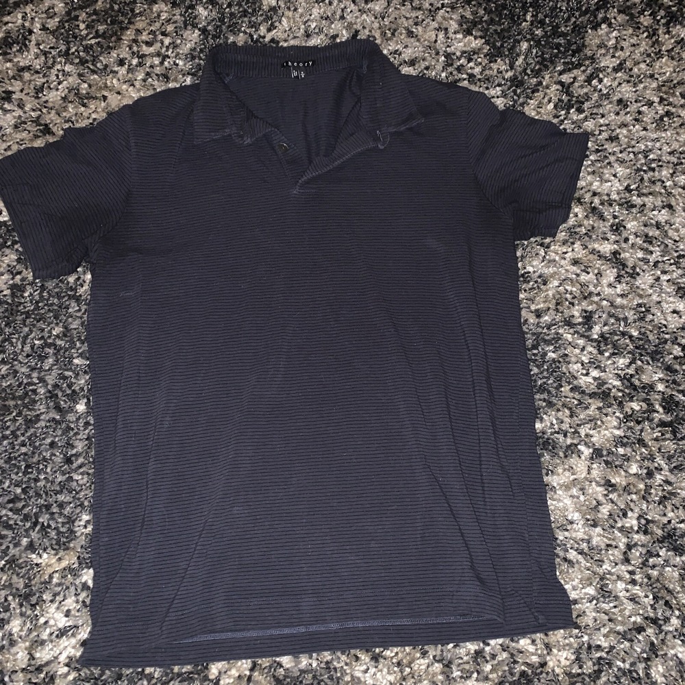 $100 Theory Men's Gray Striped Short-Sleeve Feeder Polo Shirt Size Medium
